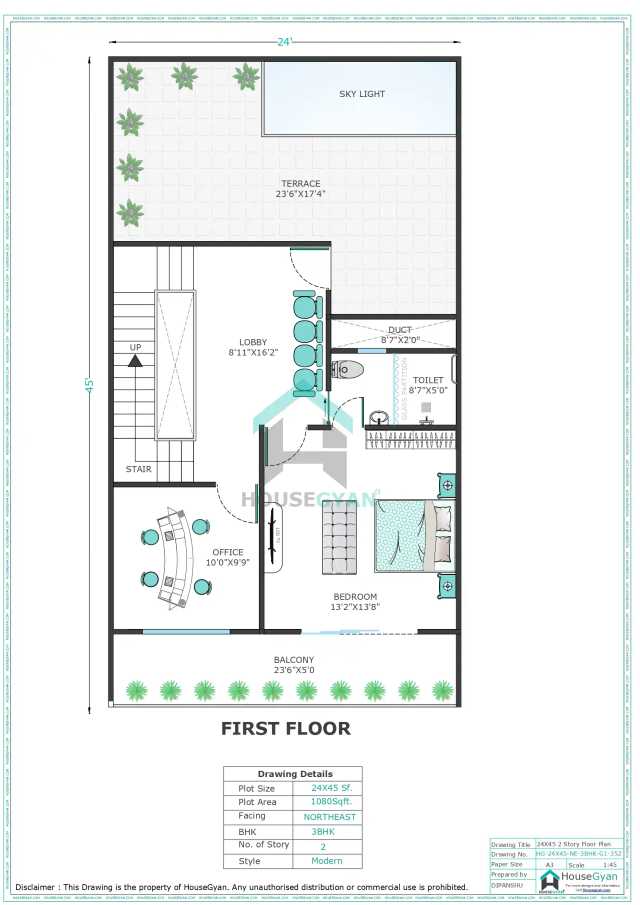24X45 Northeast Facing 3BHK First Floor House Plan | 1080 Sqft Plot Floor Plan