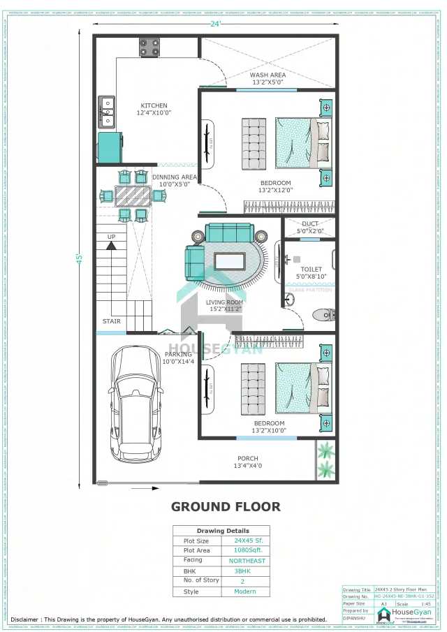 24X45 Northeast Facing 3BHK First Floor House Plan | 1080 Sqft Plot Floor Plan