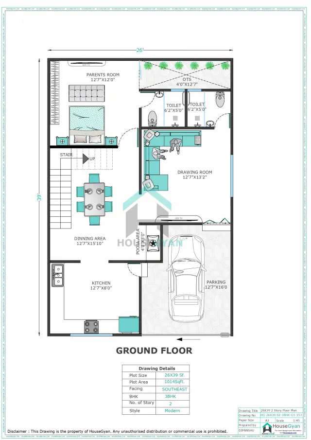 26X39 South East Facing 3BHK First Floor House Plan