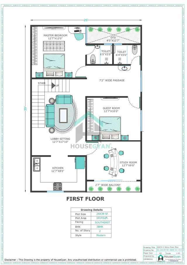 26X39 South East Facing 3BHK First Floor House Plan | 1014 Sqft Plot Floor Plan