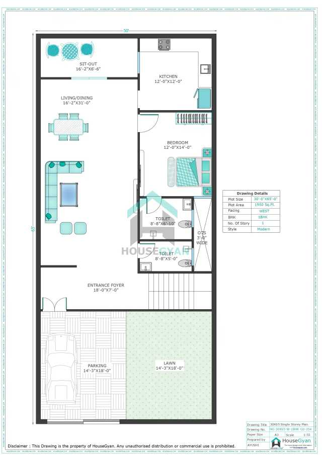 30X65 West Facing 1BHK Ground Floor House Plan