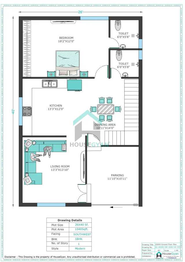 26X40 South West Facing 1BHK Ground Floor House Plan