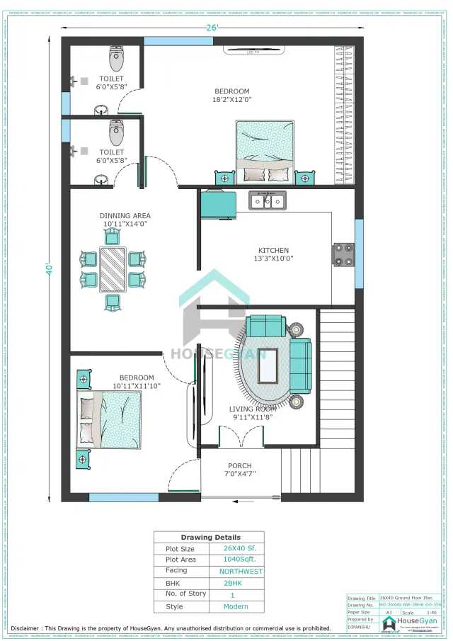 26X40 North West Facing 2BHK Ground Floor House Plan | 1040 Sqft Plot Floor Plan