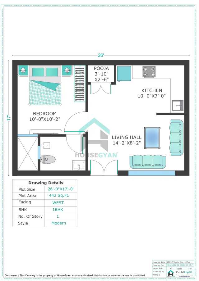 26X17 West Facing 1BHK Ground Floor House Plan
