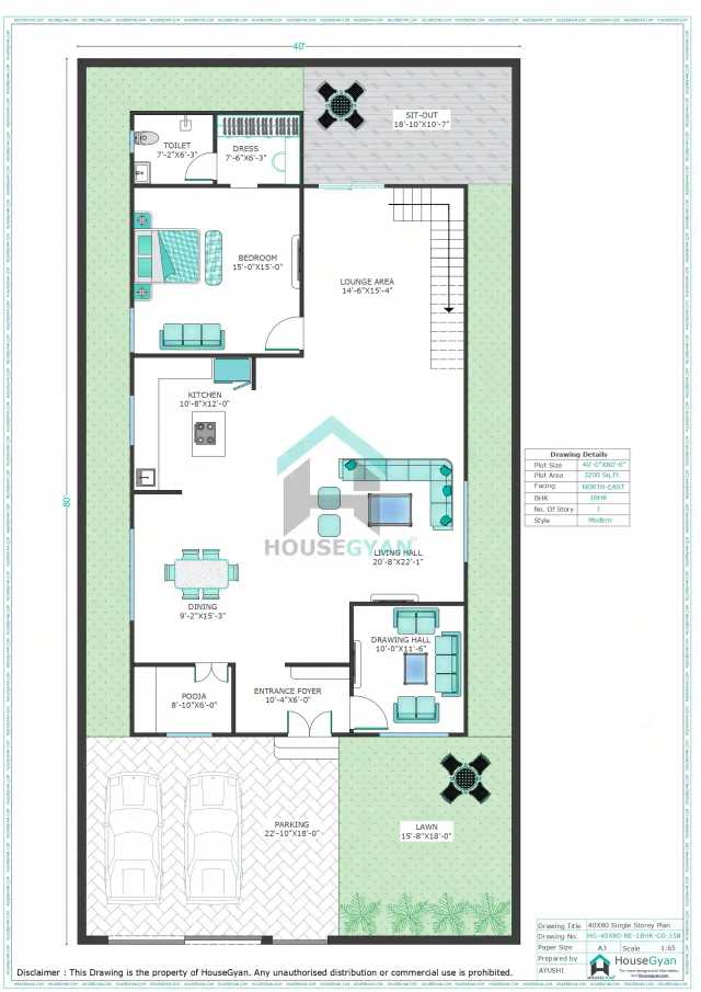40X80 North East Facing 1BHK Ground Floor House Plan | 3200 Sqft Plot Floor Plan