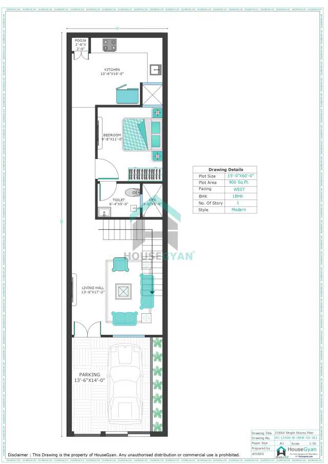 15X60 West Facing 1BHK Ground Floor House Plan | 900 Sqft Plot Floor Plan