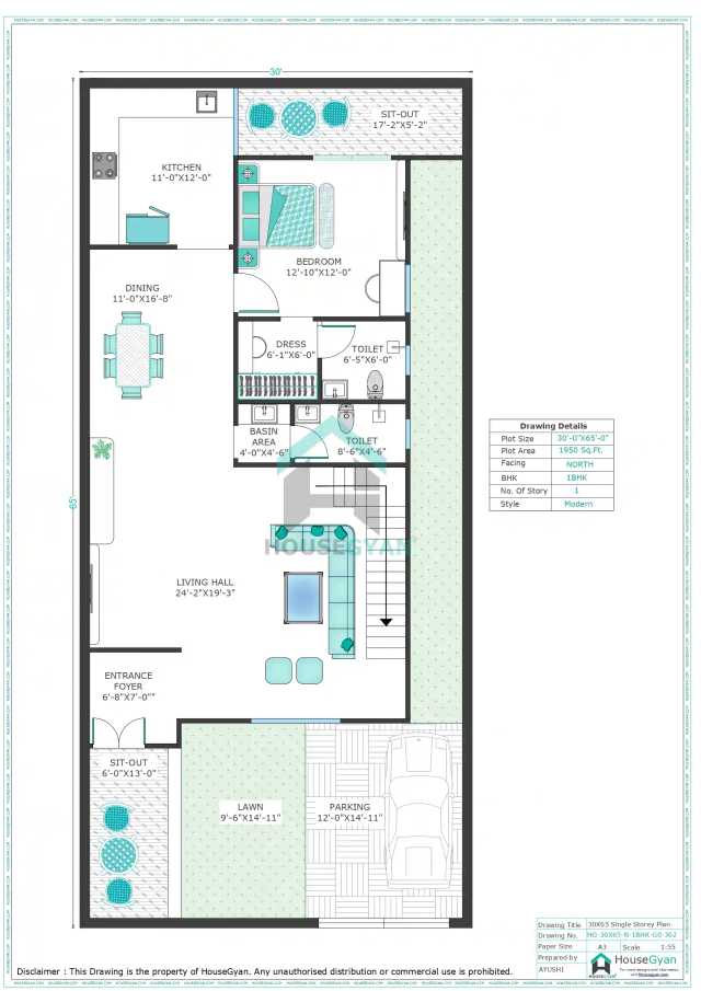 30X65 North Facing 1BHK Ground Floor House Plan