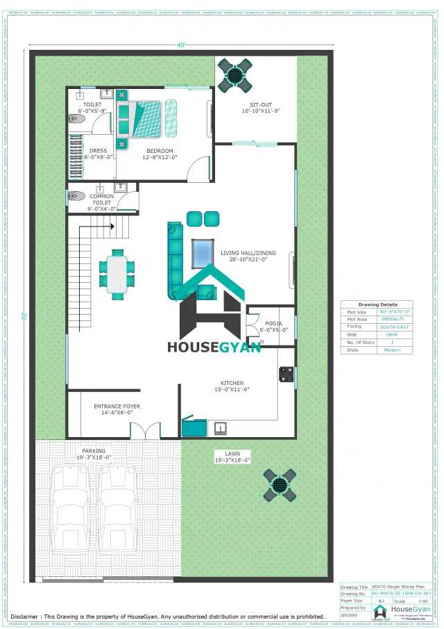 40X70 South East Facing 1BHK Ground Floor House Plan