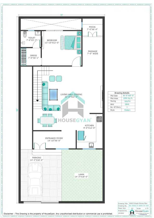 30X65 South Facing 1BHK Ground Floor House Plan