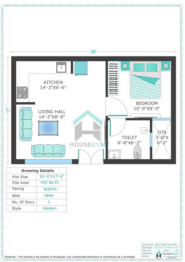 26X17 North Facing 1BHK Ground Floor House Plan | 442 Sqft Plot Floor Plan