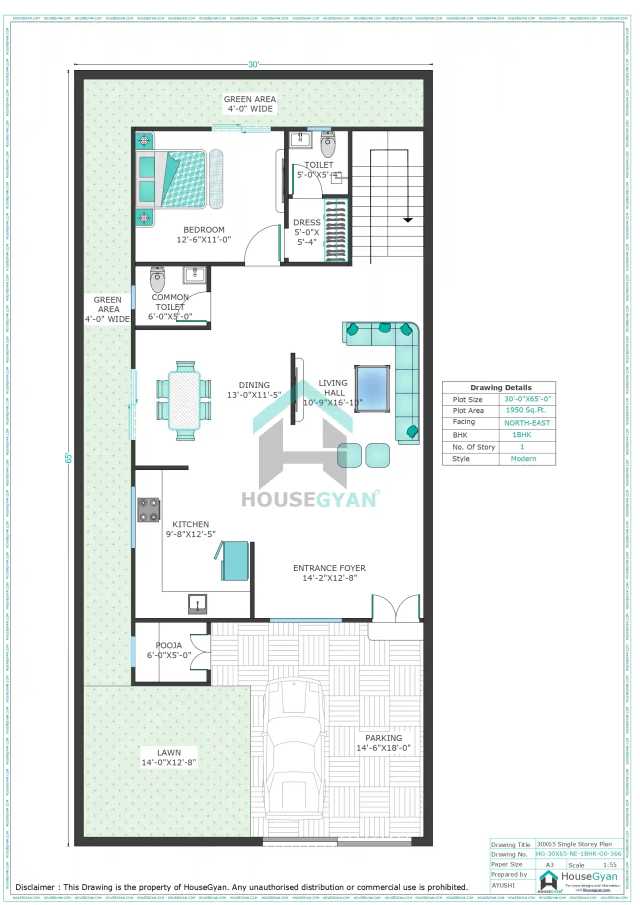 30X65 North East Facing 1BHK Ground Floor House Plan | 1950 Sqft Plot Floor Plan