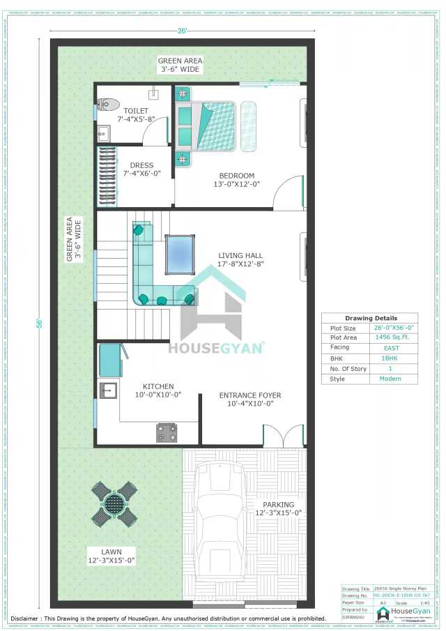 26X56 East Facing 1BHK Ground Floor House Plan | 1456 Sqft Plot Floor Plan