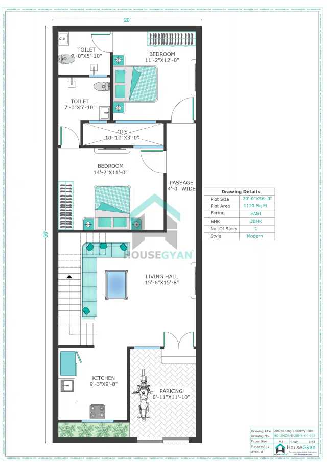 20X56 East Facing 2BHK Ground Floor House Plan | 1120 Sqft Plot Floor Plan