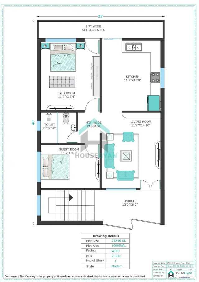 25X40 West Facing 2BHK Ground Floor House Plan | 1000 Sqft Plot Floor Plan