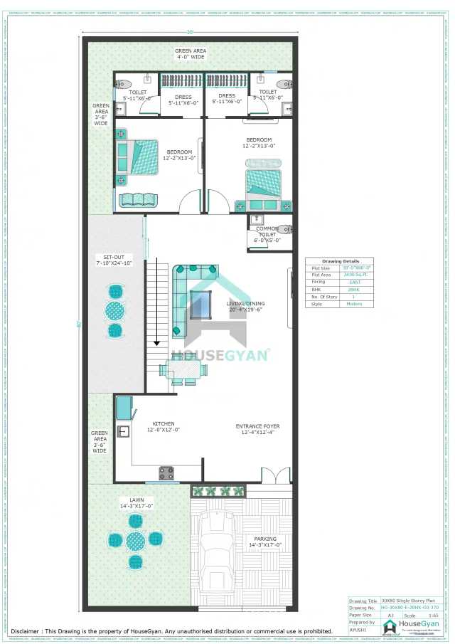 30X80 East Facing 2BHK Ground Floor House Plan | 2400 Sqft Plot Floor Plan