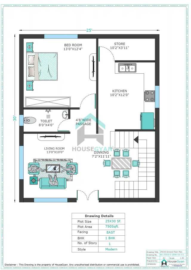 25X30 East Facing 1BHK Ground Floor House Plan | 750 Sqft Plot Floor Plan