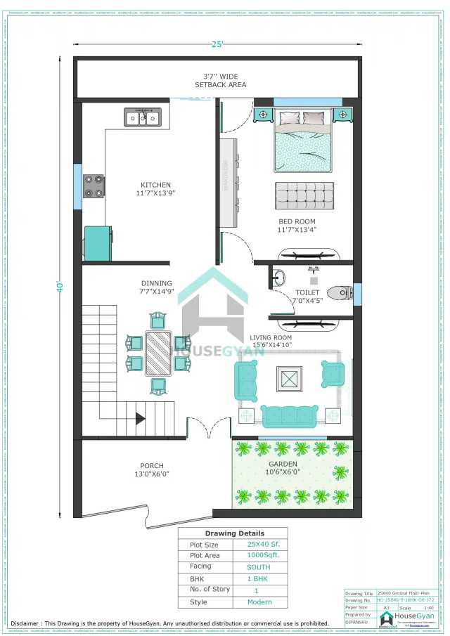 25X40 South Facing 1BHK Ground Floor House Plan | 1000 Sqft Plot Floor Plan