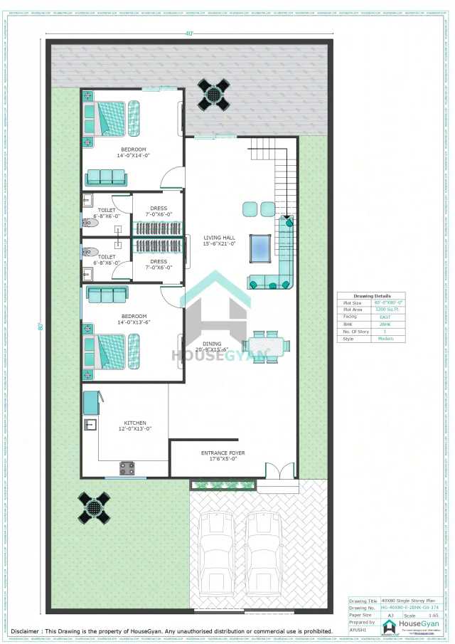 40X80 East Facing 2BHK Ground Floor House Plan | 3200 Sqft Plot Floor Plan