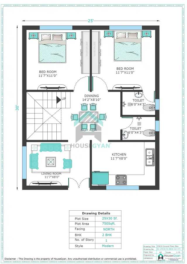25X30 North Facing 2BHK Ground Floor House Plan | 750 Sqft Plot Floor Plan