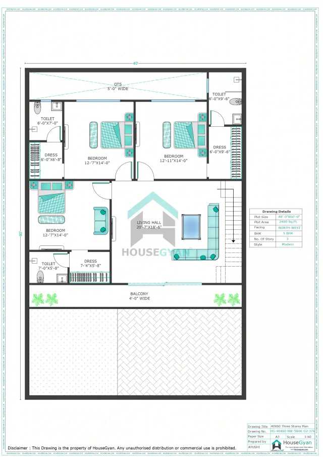 40X60 North West Facing 5BHK Second Floor House Plan | 2400 Sqft Plot Floor Plan