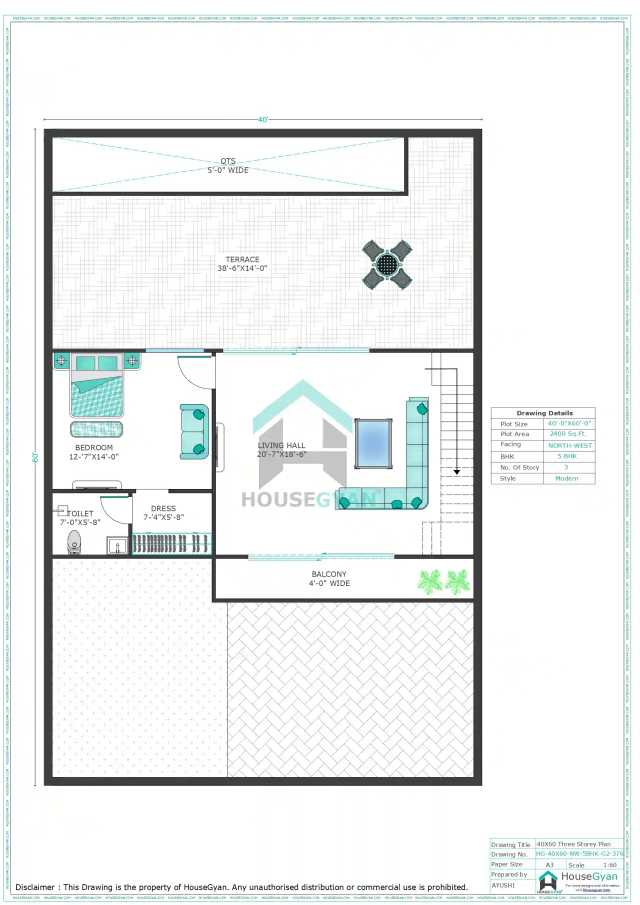 40X60 North West Facing 5BHK Second Floor House Plan | 2400 Sqft Plot Floor Plan