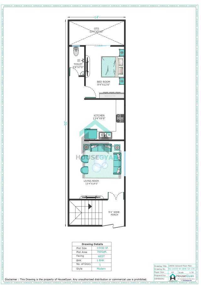 14X50 West Facing 1BHK Ground Floor House Plan