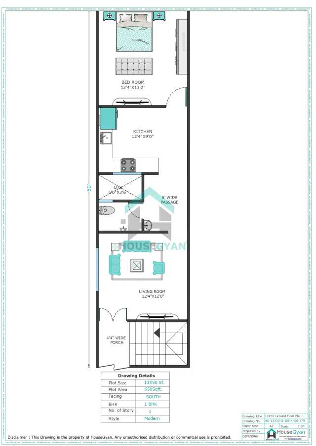 13X50 South Facing 1BHK Ground Floor House Plan | 650 Sqft Plot Floor Plan