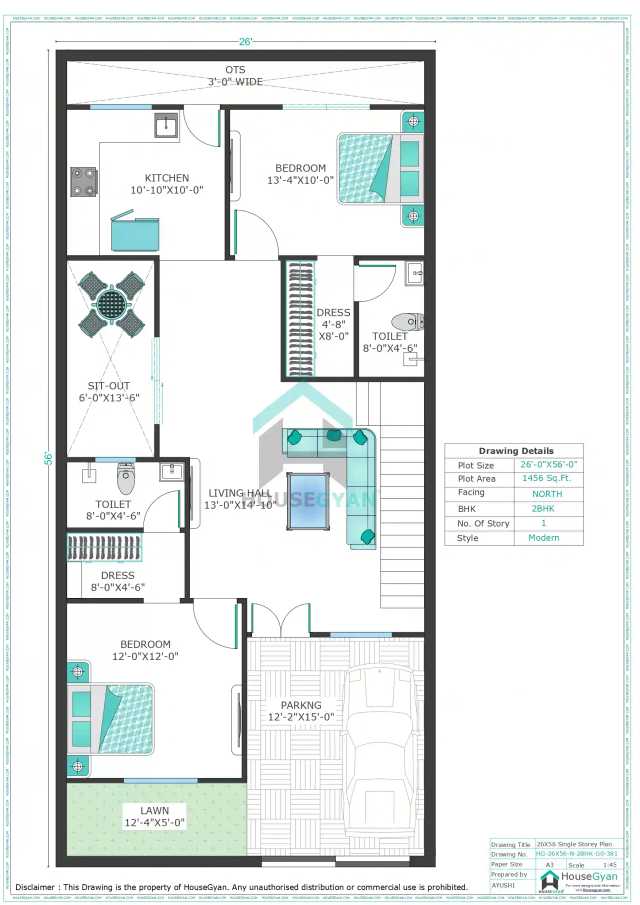 26X56 North Facing 2BHK Ground Floor House Plan