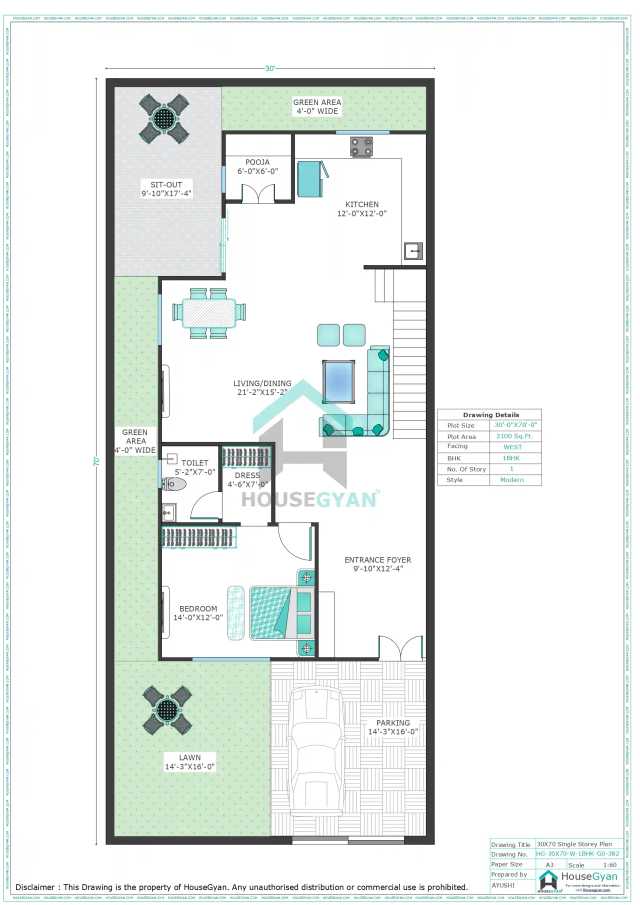 30X70 West Facing 1BHK Ground Floor House Plan