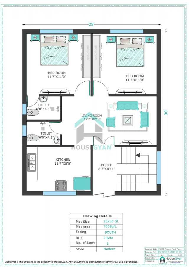 25X30 South Facing 2BHK Ground Floor House Plan