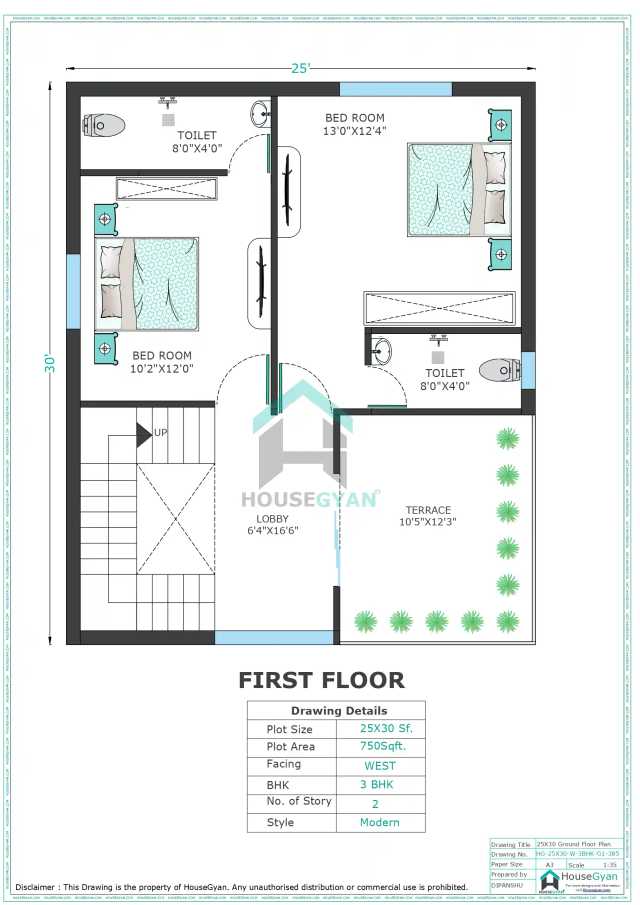 25X30 West Facing 3BHK First Floor House Plan | 750 Sqft Plot Floor Plan