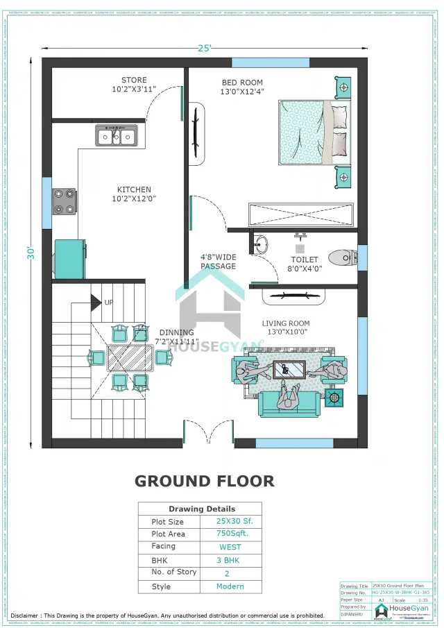 25X30 West Facing 3BHK First Floor House Plan | 750 Sqft Plot Floor Plan