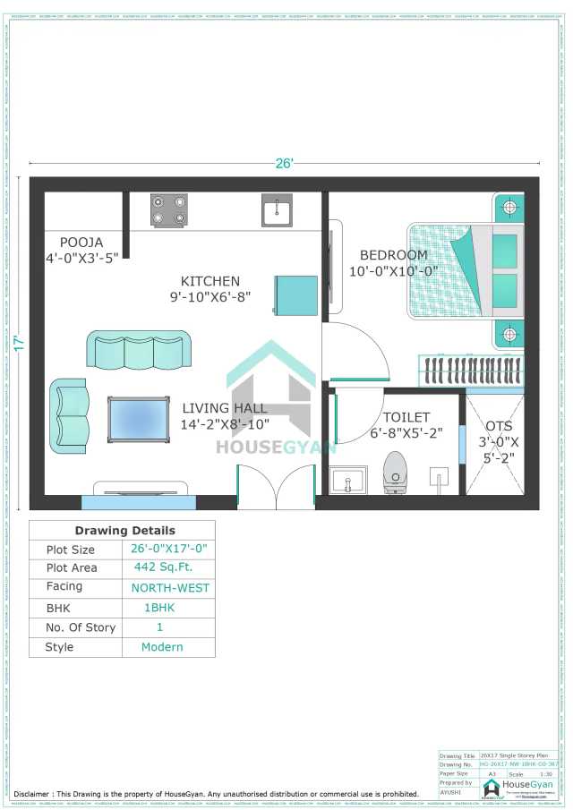 26X17 North West Facing 1BHK Ground Floor House Plan | 442 Sqft Plot Floor Plan