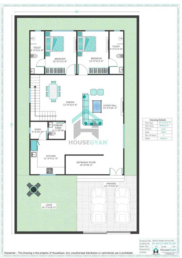 40X70 East Facing 2BHK Ground Floor House Plan | 2800 Sqft Plot Floor Plan