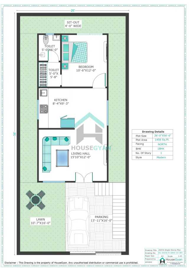 26X56 North Facing 1BHK Ground Floor House Plan | 1456 Sqft Plot Floor Plan