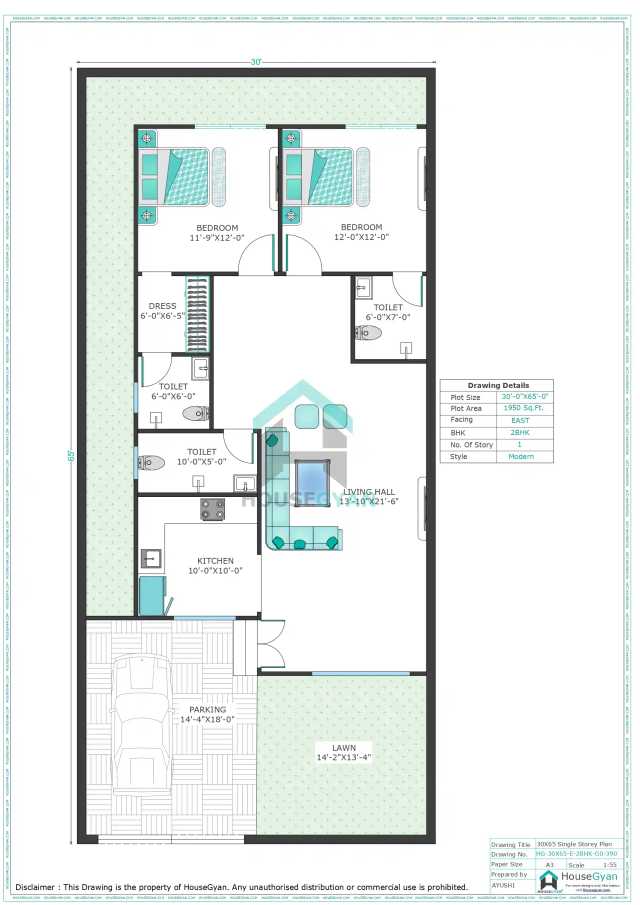 30X65 East Facing 2BHK Ground Floor House Plan