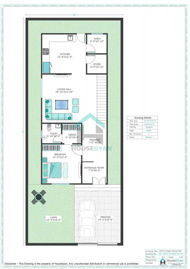 30X70 North Facing 1BHK Ground Floor House Plan