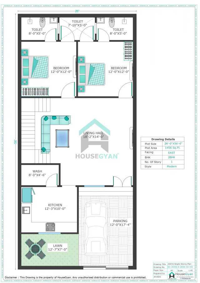 26X56 East Facing 2BHK Ground Floor House Plan