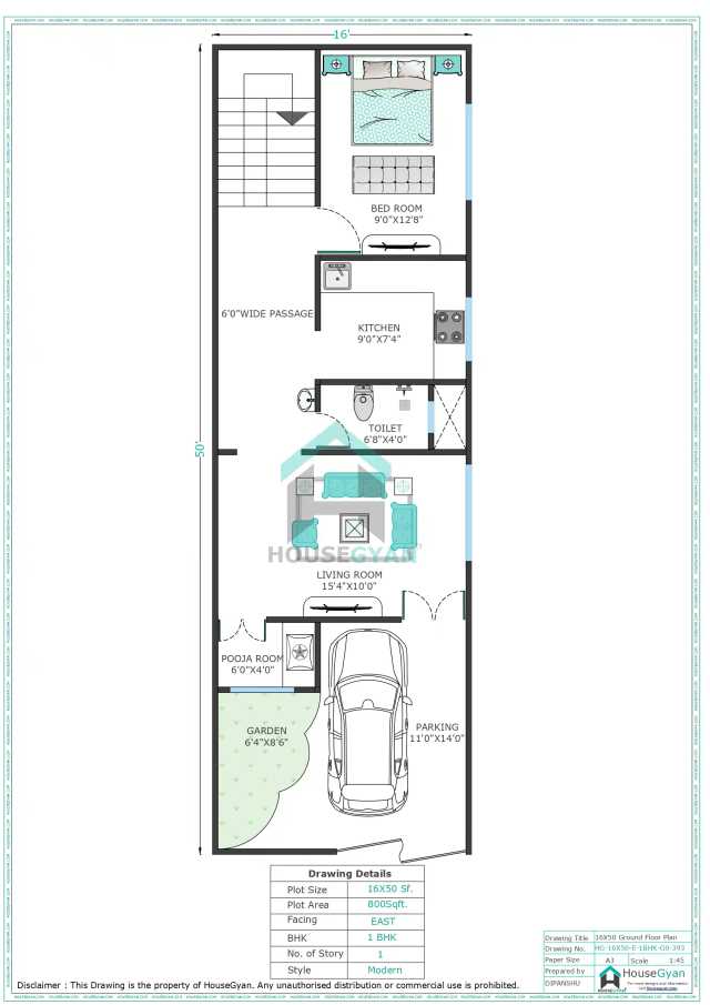 16X50 East Facing 1BHK Ground Floor House Plan | 800 Sqft Plot Floor Plan