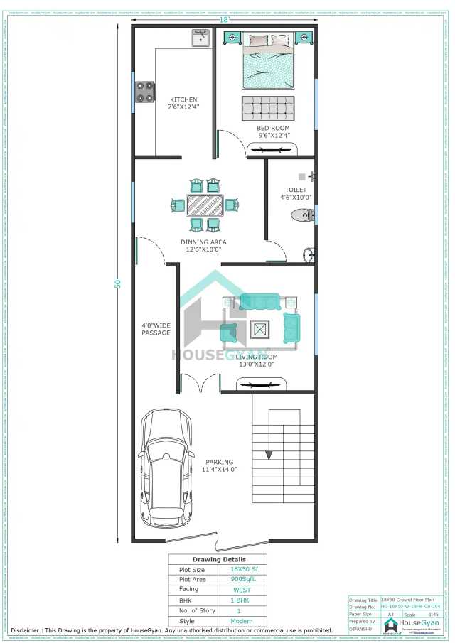 18X50 West Facing 1BHK Ground Floor House Plan