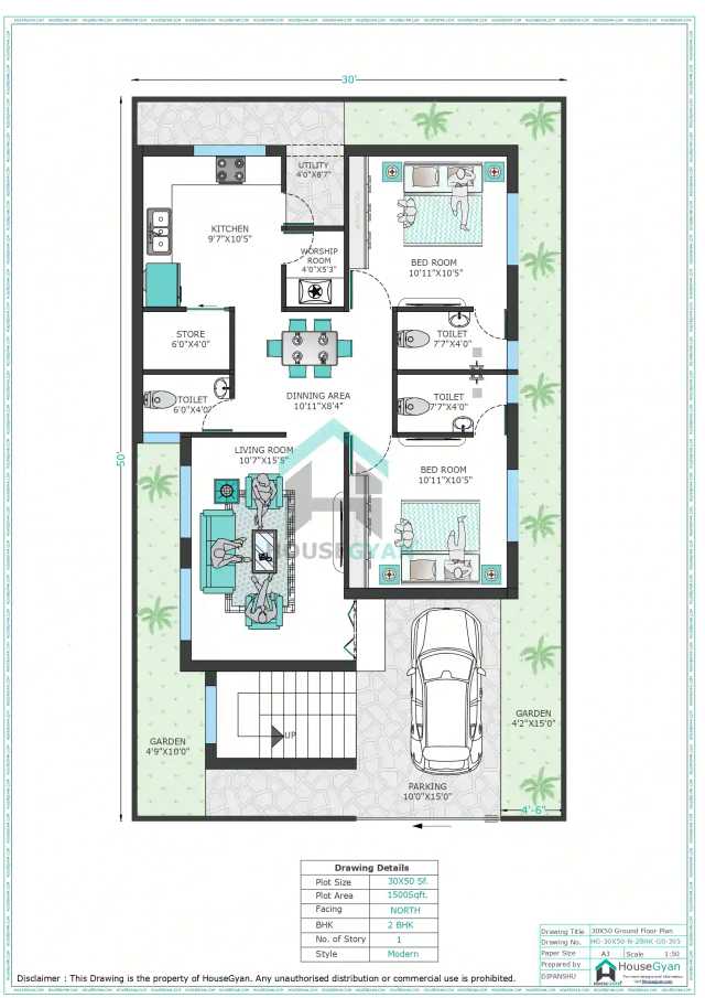 30X50 North Facing 2BHK Ground Floor House Plan
