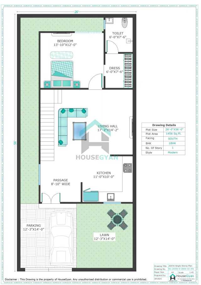 26X56 South Facing 1BHK Ground Floor House Plan | 1456 Sqft Plot Floor Plan