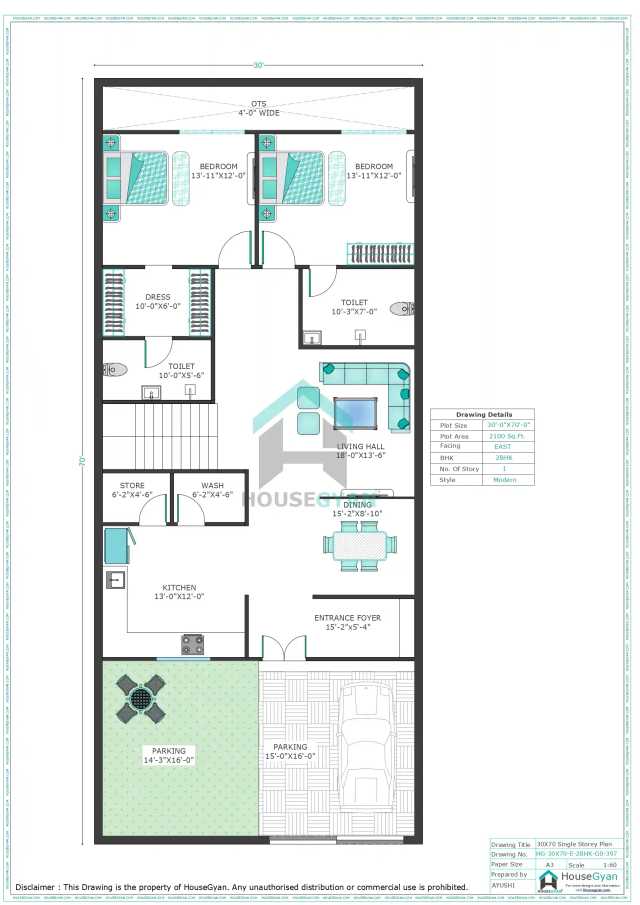30X70 East Facing 2BHK Ground Floor House Plan | 2100 Sqft Plot Floor Plan