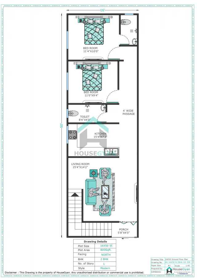 16X50 North Facing 2BHK Ground Floor House Plan | 800 Sqft Plot Floor Plan