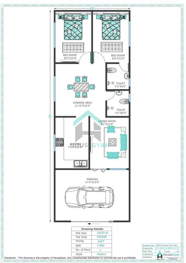 18X50 East Facing 2BHK Ground Floor House Plan
