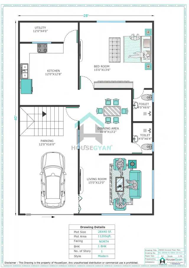 28X40 North Facing 1BHK Ground Floor House Plan