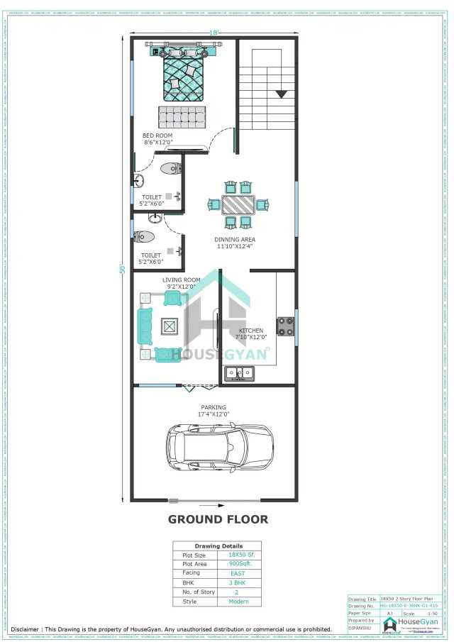 18X50 East Facing 3BHK First Floor House Plan
