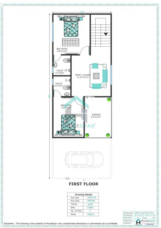 18X50 East Facing 3BHK First Floor House Plan | 900 Sqft Plot Floor Plan