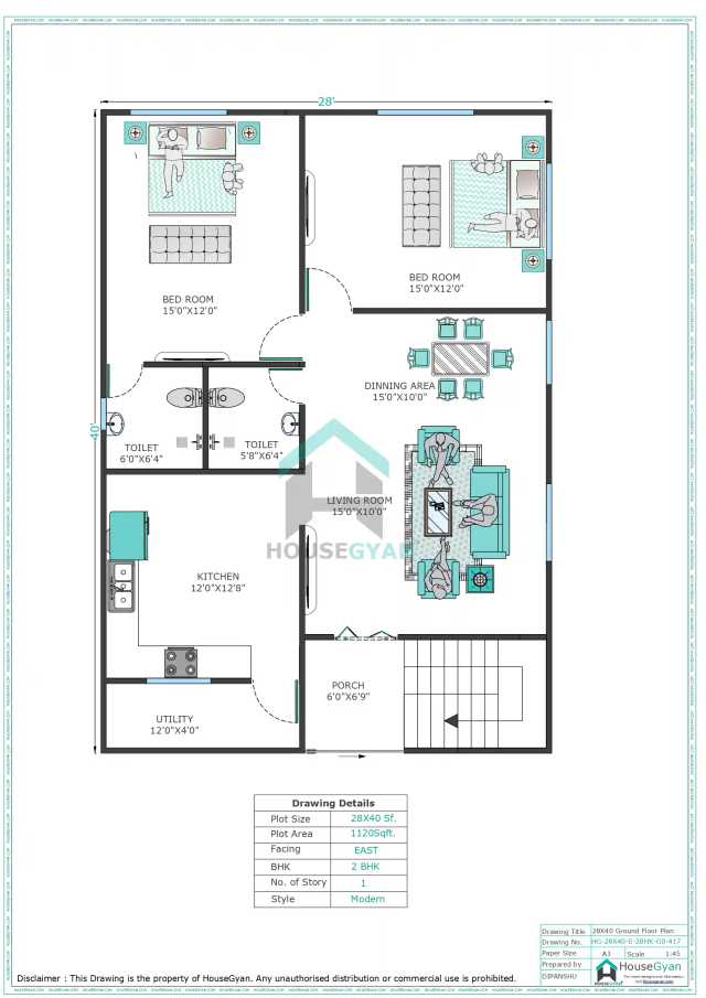 28X40 East Facing 2BHK Ground Floor House Plan