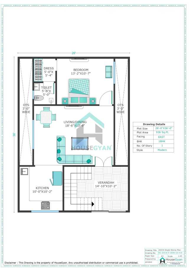 26X36 East Facing 1BHK Ground Floor House Plan